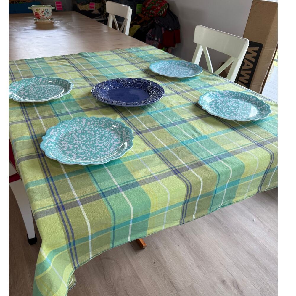 VINTAGE IKEA SOLBRÄND Plaid Tablecloth 100% Cotton 57 x 57 Green Blue Cottage